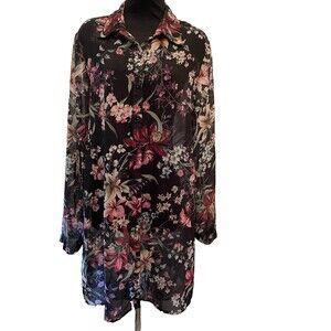 Carmen Marc Valvo Womens Long Sleeves Button Down Floral Swimsuit Coverup Size L
